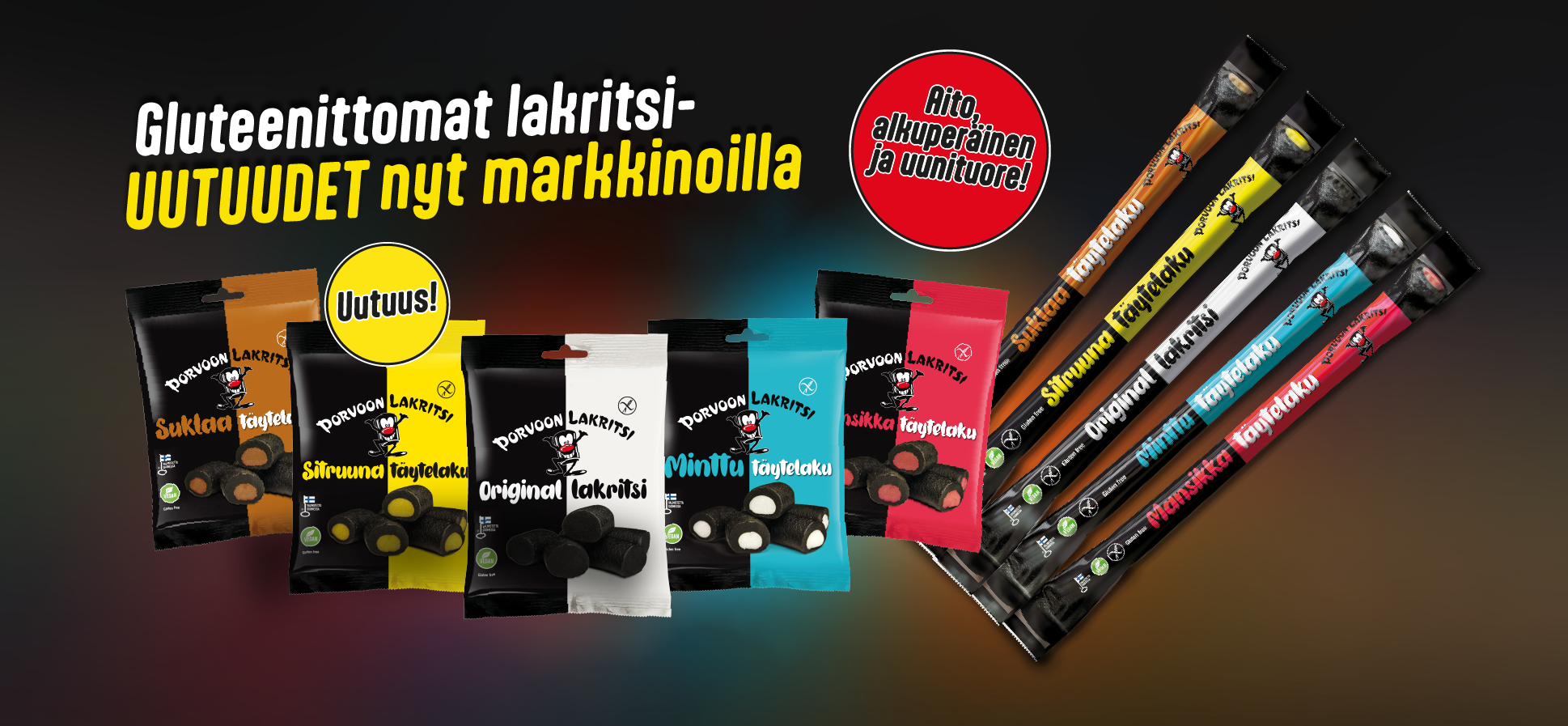 Gluteenittomat metrilakut ja lakritsipussit – Porvoon Lakritsin uutuudet, yksittäispakatut 50 cm lakritsit sekä täytelakupussit suklaan, sitruunan, mintun, mansikan ja original-maun valikoimalla.